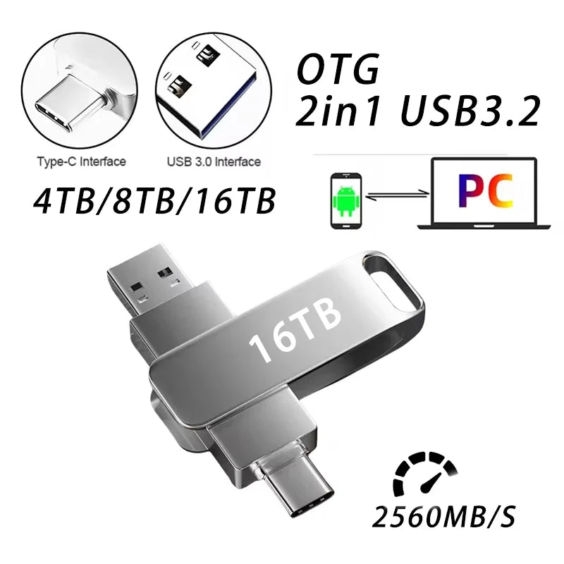 16TB USB 3.2 Flash Drive Metal High-Speed Pen Drive 8TB 4TB Waterproof Type-C USB Pen Drive For Computer Storage Devices