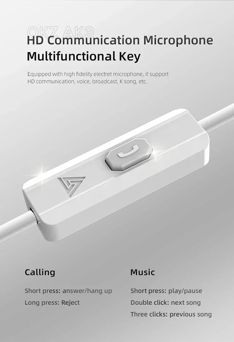 QKZ AK3 FiLe Wired Earphone Microphone HiFi Music Monitor Bass Headphones Noise Cancelling Headset for Sport  Gaming Accessories