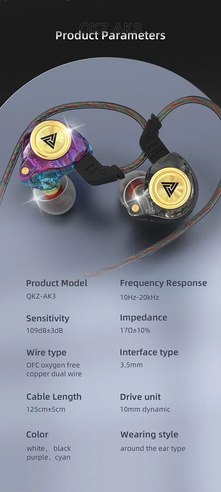 QKZ AK3 FiLe Wired Earphone Microphone HiFi Music Monitor Bass Headphones Noise Cancelling Headset for Sport  Gaming Accessories