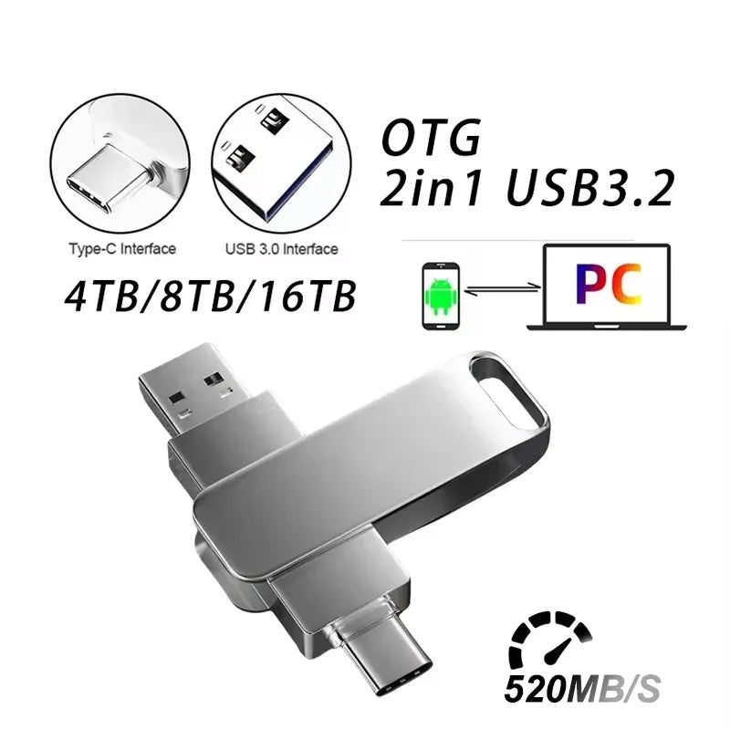 16TB USB 3.2 Flash Drive Metal High-Speed Pen Drive 8TB 4TB Waterproof Type-C USB Pen Drive For Computer Storage Devices